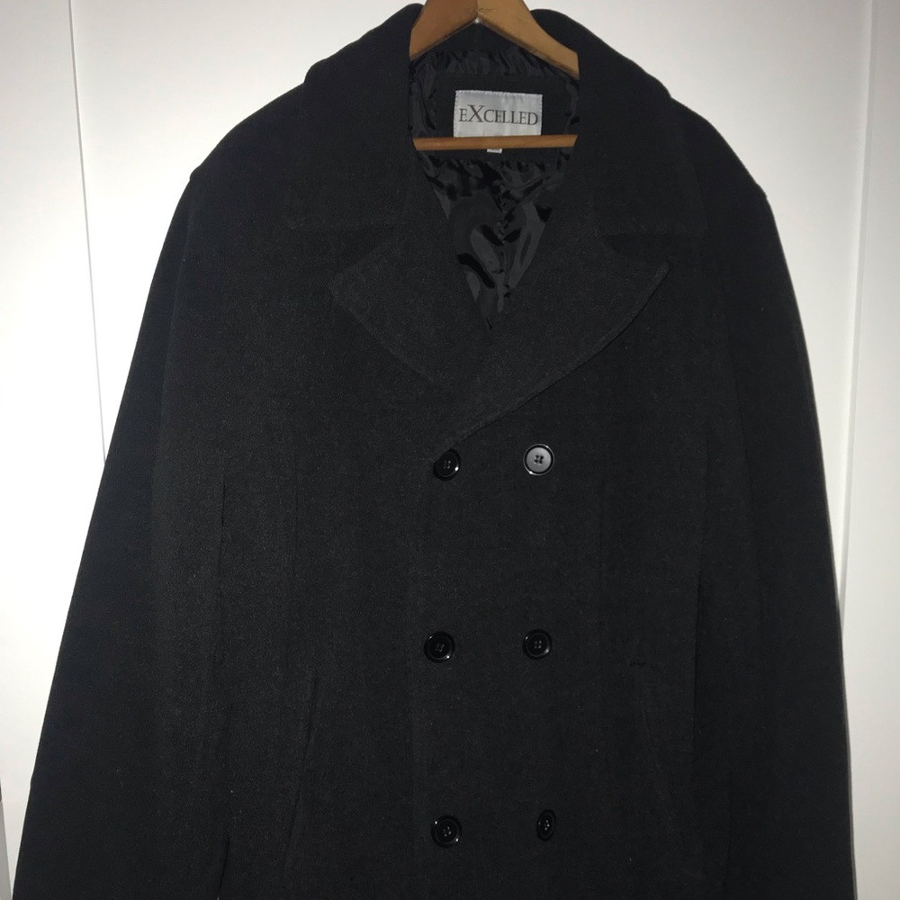 Black double breasted winter coat.